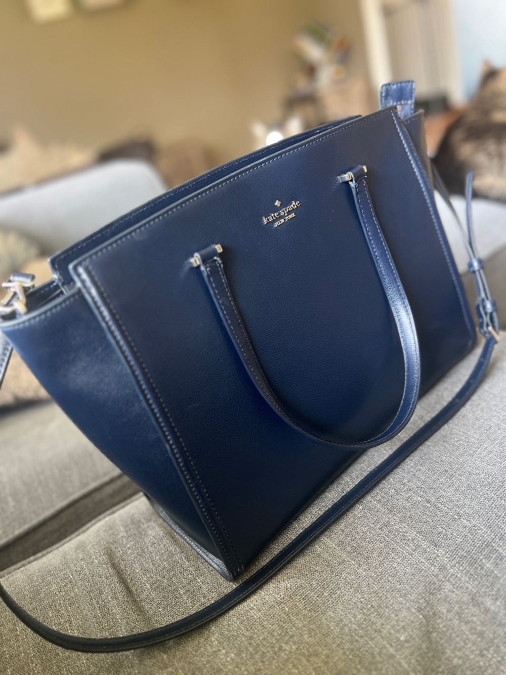 Kate Spade Navy Leather Tote with Shoulder Strap - Picture 2 of 9